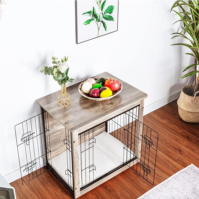 DWANTON Dog Crate Furniture with Cushion, Wooden Kennel Table with Double Doors, Indoor Dog House, Small/Medium/Large/Extra Large Size, 27.2" L, Greige-PawvioPets
