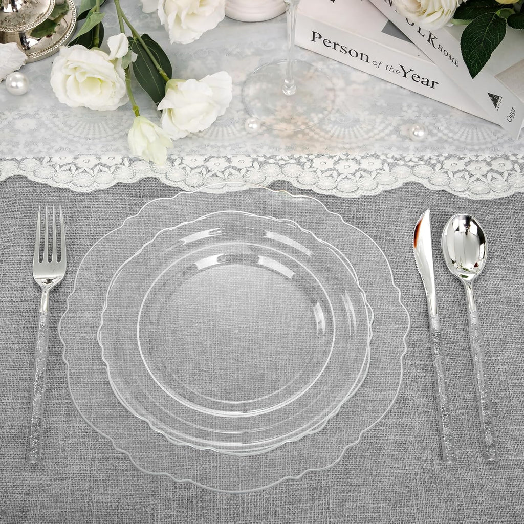 Liacere 150PCS Clear Silver Plastic Plates & Disposable Silver Plastic Silverware with Glitter Bamboo Handle Cutlery-Baroque Clear Disposable Plates for Wedding & Easter day & Mother's Day