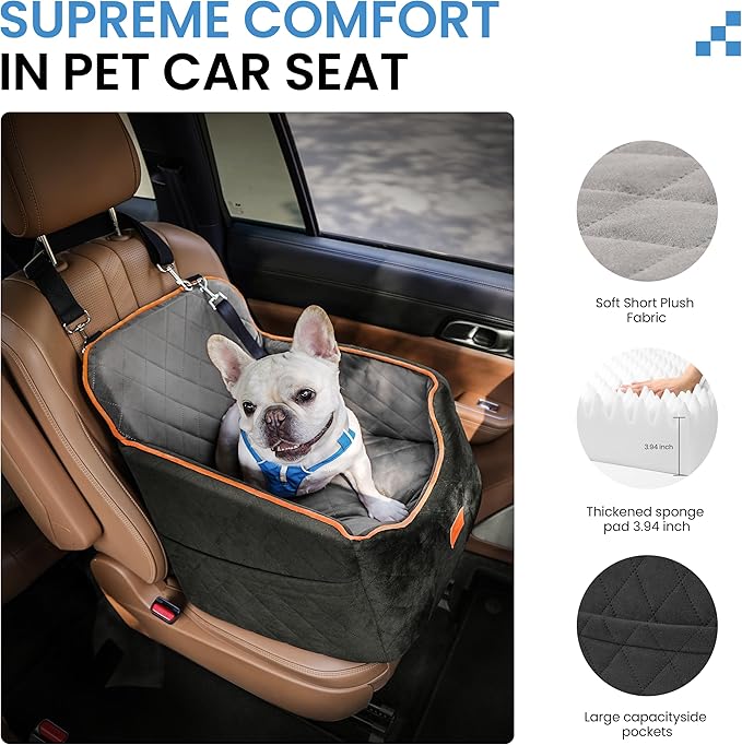 Dog Car Seat for Small Dogs - Puppy Car Seat with Safety Strap & Waterproof Padding, Portable Pet Carrier for Cars, Trucks & SUVs, Comfortable Elevated Bed for Pets Up to 35lbs (Black/Grey)-PawvioPets