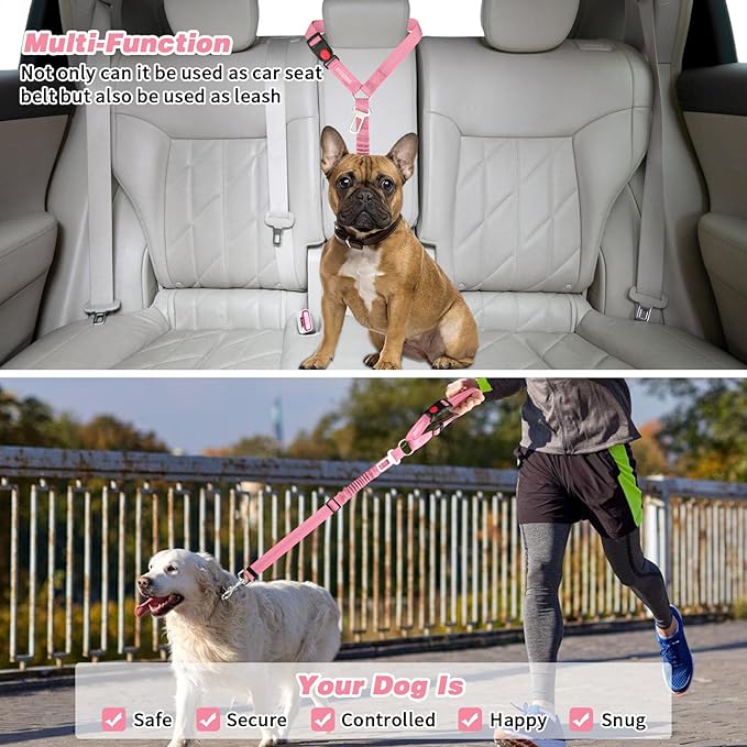 BWOGUE 2 Piece Dog Seat Belt for Car with Elastic Bungee Buffer Safety Seatbelt Car Headrest Restraint Wear Adjustable Metal Buckle Harness in Vehicle Travel for Pet-PawvioPets