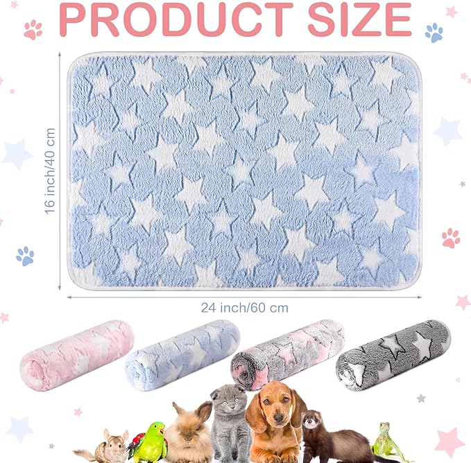 4 Pcs Waterproof Guinea Pig Blankets Washable Small Animal Fleece Bedding Absorbent Guinea Pig Cage Liners Reusable Pet Pee Pad Sleep Mat Pad Cover for Hamster Ferret (Cute Star Pattern, 24 x 16 Inch)-PawvioPets