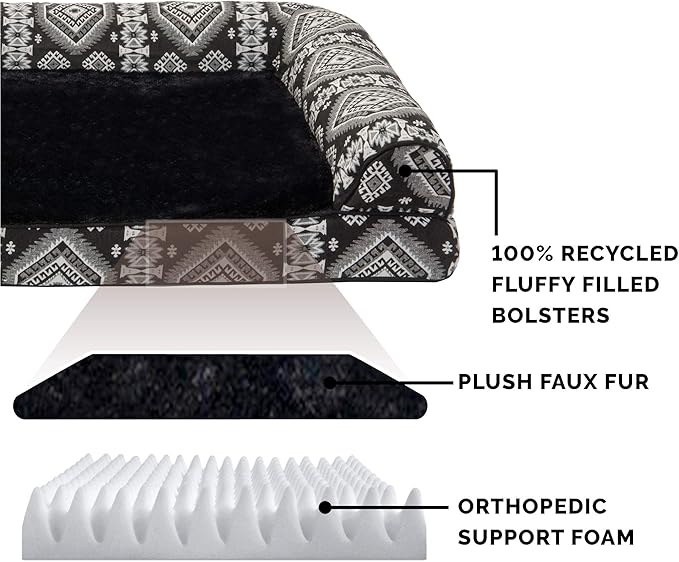 Furhaven Orthopedic Dog Bed for Large/Medium Dogs w/ Removable Bolsters & Washable Cover, For Dogs Up to 55 lbs - Plush & Southwest Kilim Woven Decor Sofa - Black Medallion, Large-PawvioPets
