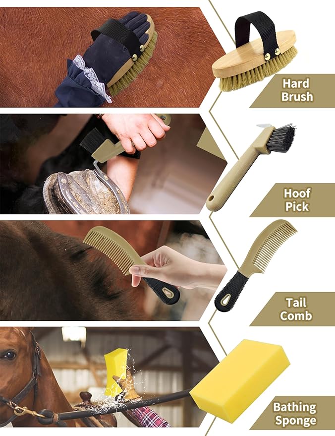 9 Pieces Horse Grooming Kit, Tack Room Supplies Set with Tote Bag, Horse Brush Set for Effective Cleaning and Bathing, Professional Equine Coat Care Kit for Horse Riders Beginner-PawvioPets