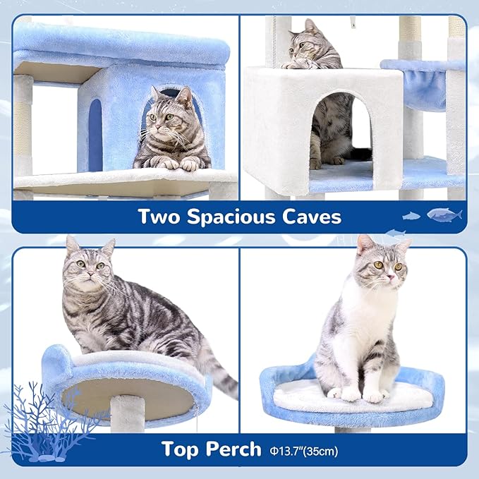 Globlazer Heavy Duty Cat Trees for Large Cats, Sturdy 72in Maine Coon Cat Tree for Large Cats 20 lbs+ Heavy Duty Cat Tower for Adult Biggest Cat with 6 Scratching Posts, Hammock, S72, Ocean Blue-PawvioPets