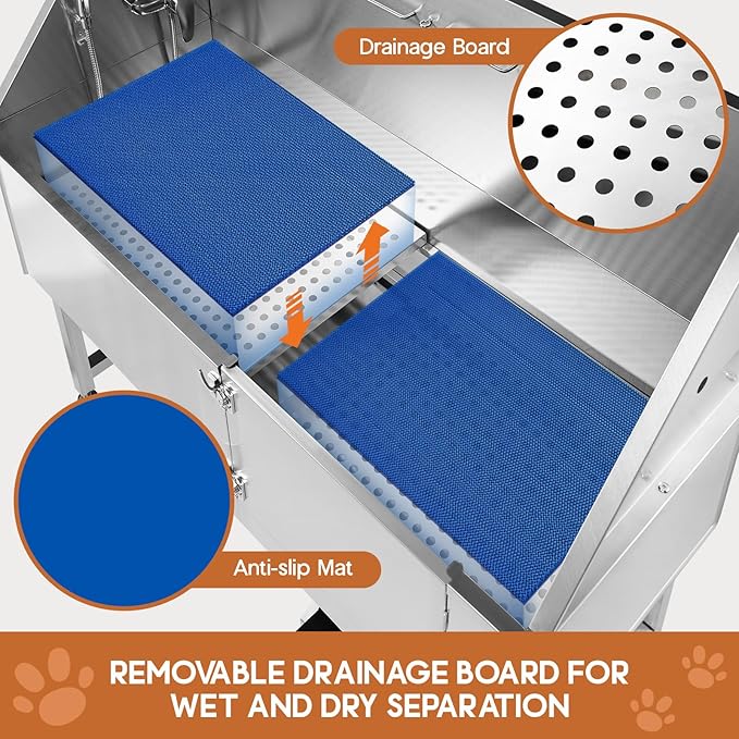 Albott 60 Inch Stainless Steel Dog Washing Station with Anti-Slip Steps, Sprayer, Faucet, Soap Box, Tow Rope – Professional Pet Bathtub for Large Pets, Ideal for Home, Garage, and Grooming(Left)-PawvioPets