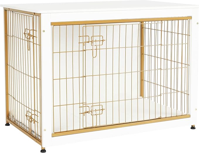 DWANTON Dog Crate Furniture with Cushion, Wooden Kennel Table with Double Doors, Indoor Dog House, Large Size, 38.5" L, White-PawvioPets