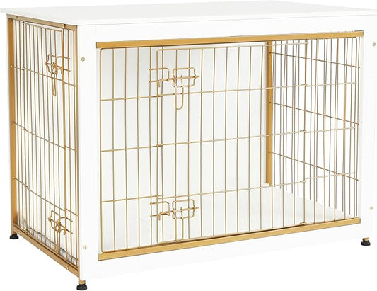 DWANTON Dog Crate Furniture with Cushion, Wooden Kennel Table with Double Doors, Indoor Dog House, Large Size, 38.5" L, White-PawvioPets