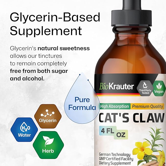 BIO KRAUTER Cats Claw Tincture - Liquid Cats Claw Herb for Immune Support - Alcohol & Sugar Free - Vegan Drops 4 Fl.Oz.-PawvioPets