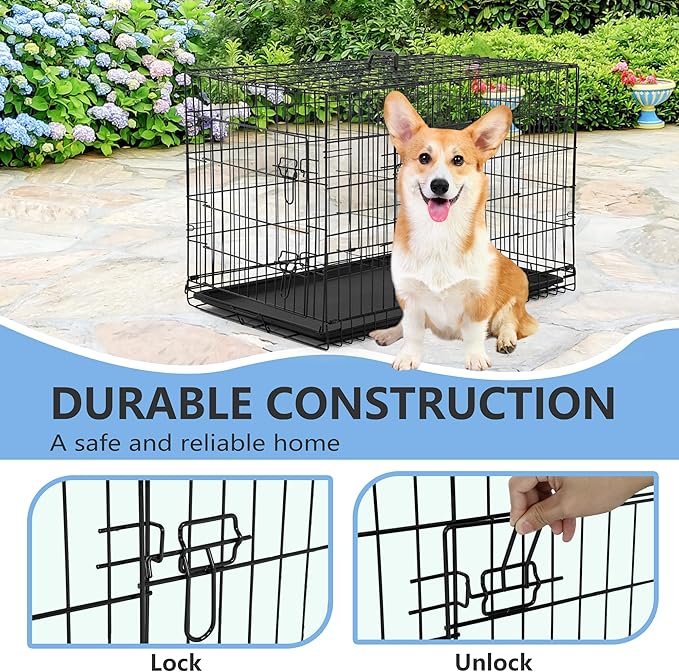 FDW 30 inch Dog Crate Dog Kennel Cage with Double Door Folding Metal Wire Dog Cage with Removable Tray&Divider Panel,Pet Crate for Medium Dogs,Black-PawvioPets