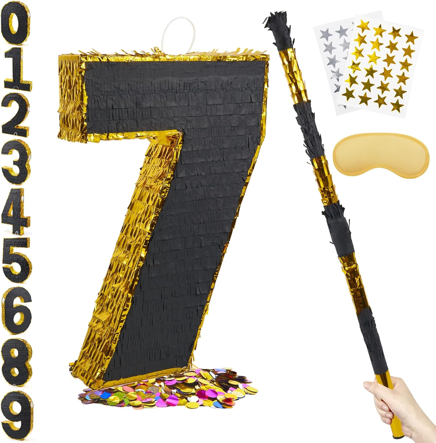 PCFING 20 Inch Number 7 Piñata Gold Black with 30 Inch Piñata Stick Blindfold Confetti for Man Women Boys Girls Birthday Party Decorations, Anniversary Celebration, Fiesta