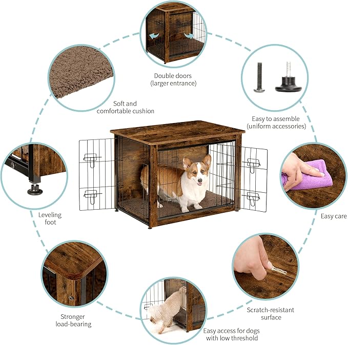 DWANTON Dog Crate Furniture with Cushion, Wooden Kennel Table with Double Doors, Indoor Dog House, Medium Size, 32.5" L, Rustic Brown-PawvioPets