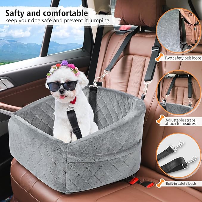 Dog Car Seat for Small Dogs,Detachable Washable Dog Booster Seat for Medium Dogs Under 30lbs, Pet Car Seat Travel Bed with Storage Pockets and Dog Safety Belt (Grey)-PawvioPets