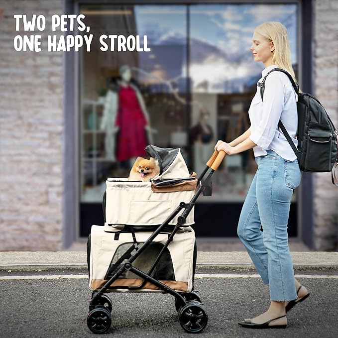 Double Pet Stroller with Detachable Carriers - Ideal for 2 Dogs or Cats - Compact & Convenient Design - Easy Assembly Double Dog Stroller - Cosmic Beige-PawvioPets
