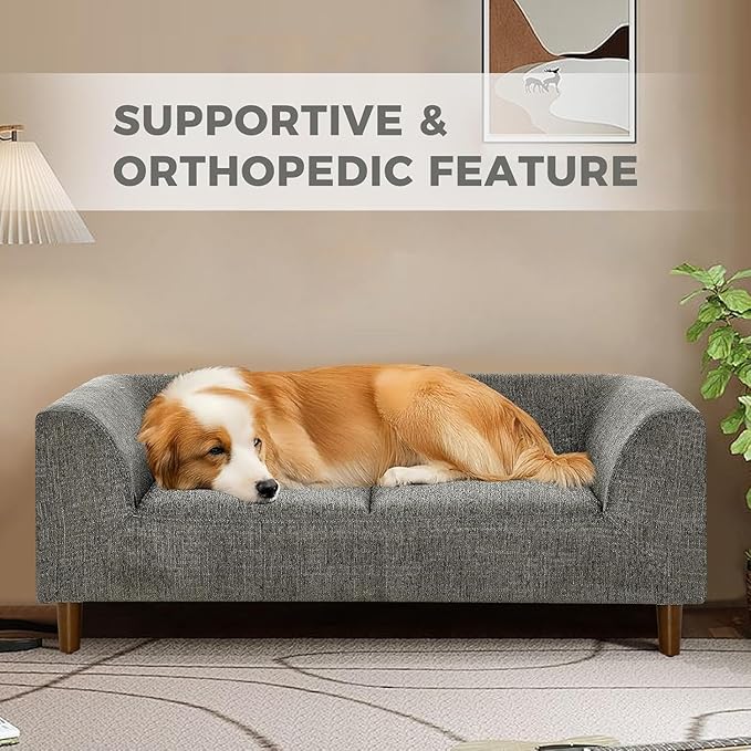 Dog Sofa Couch for Medium to Large Dogs, Memory Foam Dog Sofa Bed, Modern Elevated Pet Couch Bed with Wooden Legs for Medium and Large Dogs, Dark Grey-PawvioPets