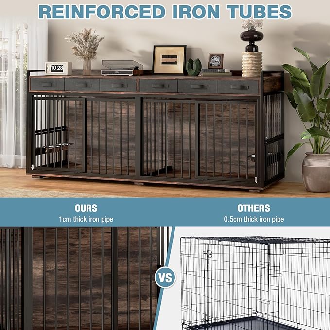 86.6Inch Large Double Dog Crate Furniture,Heavy Duty Metal Frame Dog Crate Kennel with Adjustable Feeder Bowls and Removable Divider&Drawers,Chew-Resistant Dog Kennel for 2 Dogs Indoor-PawvioPets