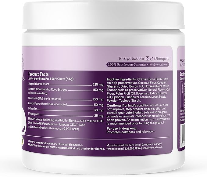 Fera Pets Dog Calming Chews with Ashwagandha & Priome® Mental Wellbeing Postbiotic Blend - Supports Anxiety Relief - Promotes Relaxation - 90 Soft Chews-PawvioPets