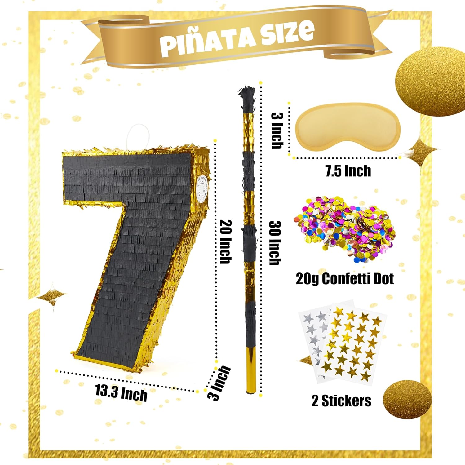 PCFING 20 Inch Number 7 Piñata Gold Black with 30 Inch Piñata Stick Blindfold Confetti for Man Women Boys Girls Birthday Party Decorations, Anniversary Celebration, Fiesta