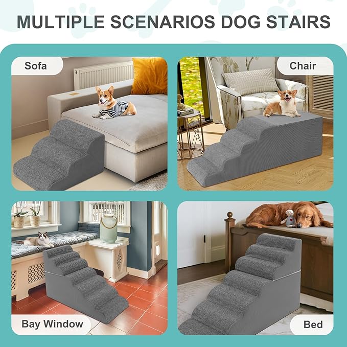 7-Step Dog Stairs for High Bed - 29.5" Adjustable Dog Ramps for Couch, Non-Slip Sturdy Pet Steps for Small Dogs, Washable Cover, Removable Modular Design, Dual 11.8” & 17.7” Steps for Custom Height-PawvioPets