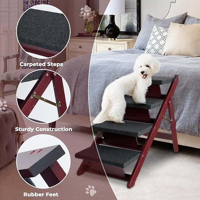 BRIKY Wooden Dog Stairs/Steps - Foldable 4 Steps Dog Steps for High Bed Couch Cars, Non-Slip Pet Stairs for Small Large Medium Dogs and Cats, No Assembly Required-PawvioPets