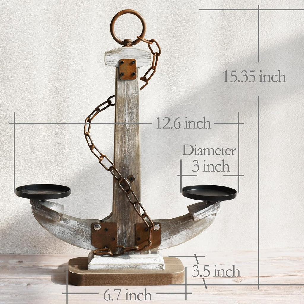 Wooden Anchor Candle Holder Coastal Decor Lake House Decor, Vintage Home Decor Candle Stand Table Centerpiece Candle Holder for 2 Candles, Nautical Decor Beach Decor Large Candles Stand