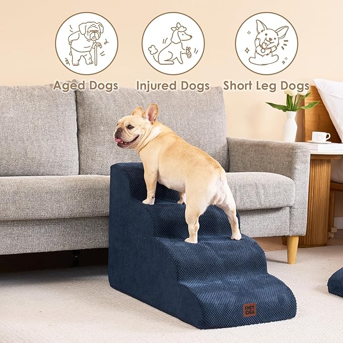 EHEYCIGA Curved Dog Stairs Ramp for High Beds 19.7" H, 4-Step Dog Steps for Small Dogs and Cats, Pet Stairs for High Bed Climbing, Non-Slip Balanced Pet Step Indoor, Navy-PawvioPets
