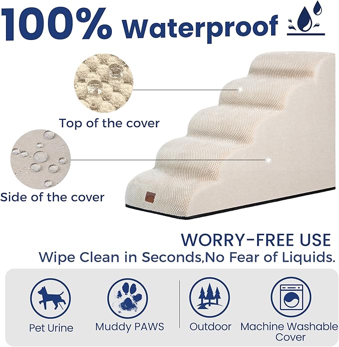 GoGoBunny Ramp Dog Stairs for High Beds 22.6" H, 5-Step Dog Slope Stairs with Durable Waterproof Fabric Cover, Pet Steps for Old Large Dogs Climbing, Non-Slip Sturdy Indoor Step, Beige-PawvioPets