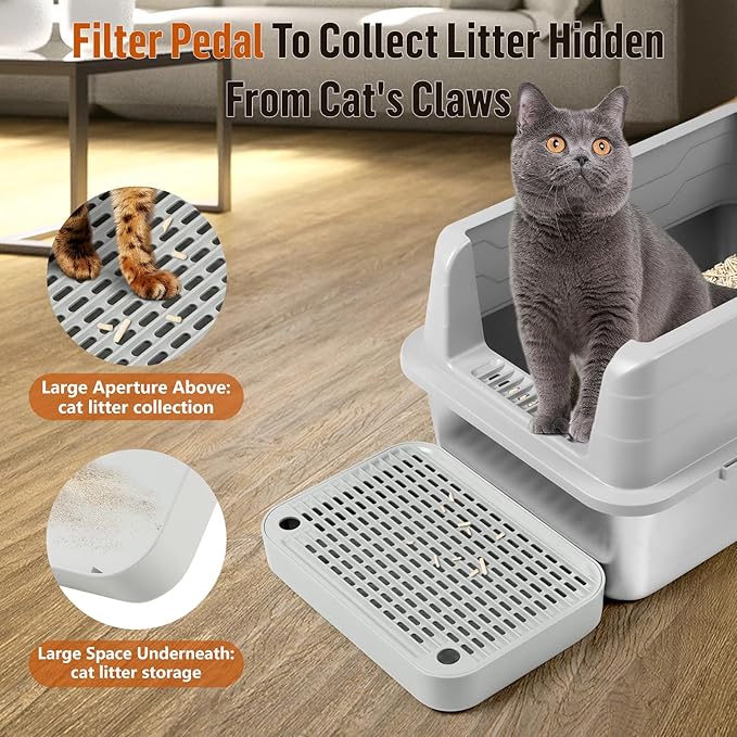 Cat Litter Box Ramp Mat with Filter Function, Cat Step Pedal Stool for Self-Cleaning Litter Box, Easy to Clean, Ideal for Kitten & Elderly Cats (Light Grey)-PawvioPets