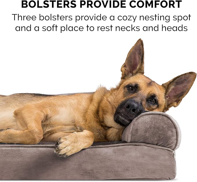 Furhaven Cooling Gel Dog Bed for Large/Medium Dogs w/ Removable Bolsters & Washable Cover, For Dogs Up to 55 lbs - Faux Fur & Velvet Sofa - Driftwood Brown, Large-PawvioPets