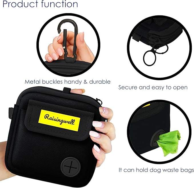 Dog Treat Pouch for Pet Walking and Training with Clicker, Poop Bags, and Three Bags Design Small Fanny Zipper Pack Holder for Puppy Snack Dispenser Kit for Leash and Outdoor Use (Black)-PawvioPets