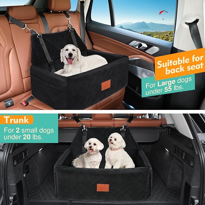 Dog Car Seat for Large Medium Dogs,Portable Washable Pet Car Seat Under 55 lbs,Dog Booster Seat with Thick Cushion,2 Safety Leashes Travel Car Dog Bed-PawvioPets
