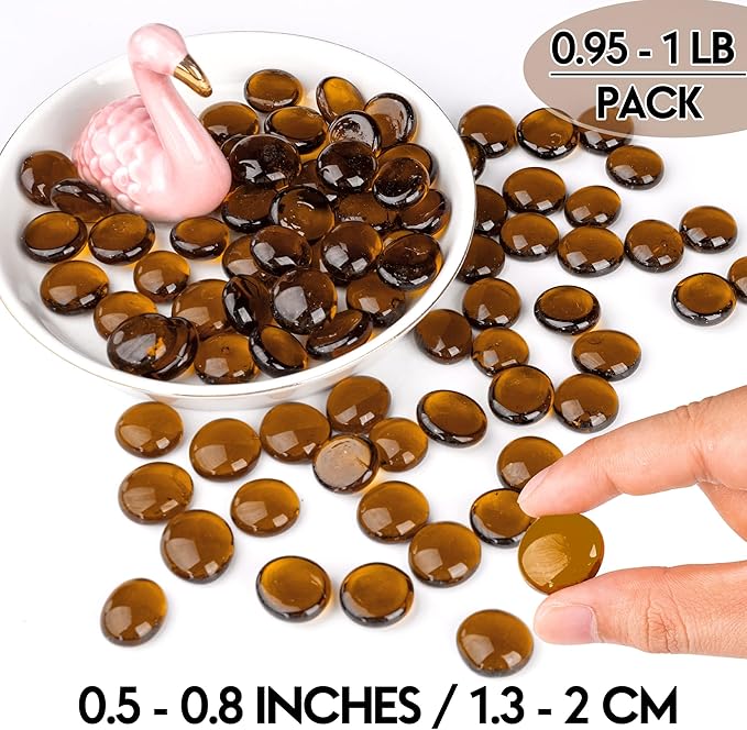 1LB Glass Marbles, Transparent and Smooth Flat Glass Beads for Vases, Mosaic Gem Pebbles for Aquarium Decor, Floral Arrangements, Mancala Stones, Vase Filler and Crafts, Brown-PawvioPets