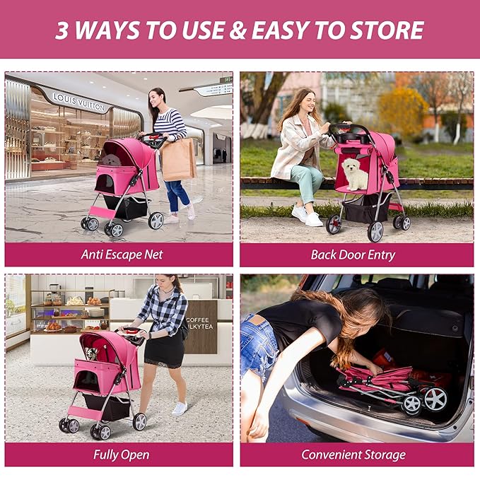4 Wheels Pet Stroller for Small Medium Dogs Cats 10-33 lbs, Foldable Dog and Cat Stroller with Cup Holder & Storage Basket & Breathable Mesh, Pet Strolling Cart for All-Season, Pink-PawvioPets
