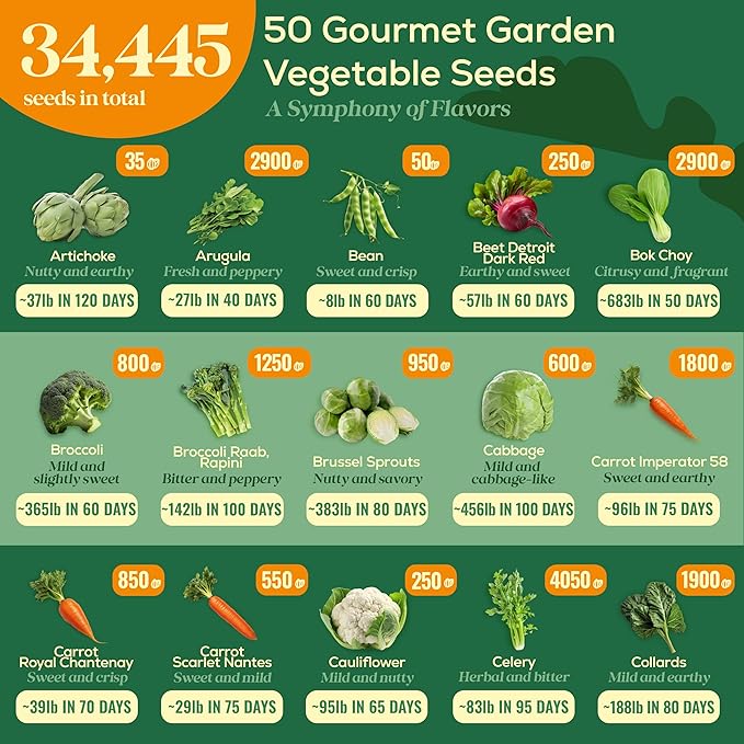 50 Gourmet Garden Vegetable Seeds Variety Pack - 34,455+ Non-GMO Heirloom Vegetables Seeds for Planting Indoor Outdoor: Broccoli, Carrot, Onion, Lettuce, Pepper - Gardening Seed Packets-PawvioPets
