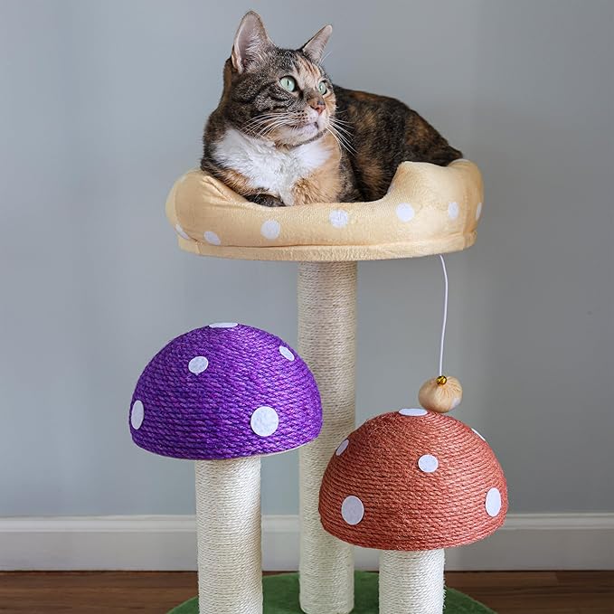 CTR1001A Pixie 22.5" 3-Tier Cottage Sisal Mushroom Cat Tree with Scratching Posts, Napping Perch, and Dangling Bell Toy, Multi-PawvioPets