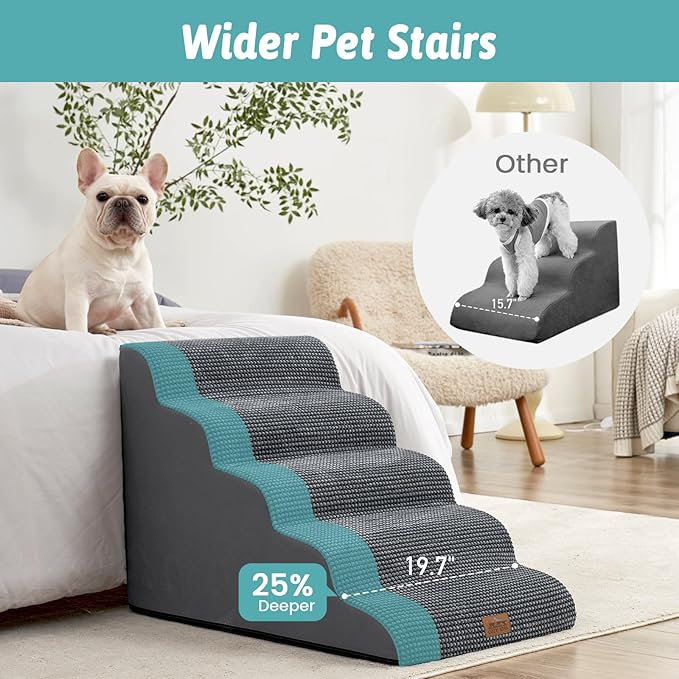 Extra Wide Dog Stairs 19.7" Width, Large Pet Step for Small Medium Dog, Puppy or Cat, Ramp for High Bed or Car, High Density Foam Ladder, Stable, 5 Step, 19.7x33x22.4 in, Dark Grey-PawvioPets