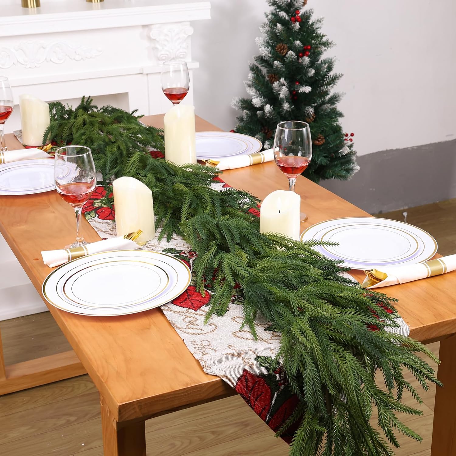 1 Pcs Artificial Norfolk Pine Garlands Christmas, 6 FT Dense Real Touch Winter Pine Garland Ornament, Green Artificial Greenery Garland for Table, Mantle, Wall, Indoor, Outdoor Christmas Decorations