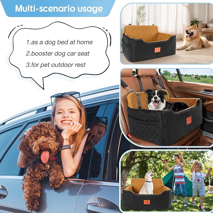 Dog Car Seat for Medium/Large Dogs,Dog Booster Seat for Dog Under 50lbs or 2 Small Dogs, Detachable and Washable Pet Car Seat,Multi-Functional Travel Dog Bed & Dog Sofa(Black/Brown)-PawvioPets