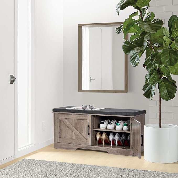 2-Tier Storage Bench, Shoe Bench with Padded Seat Cushion, Entryway Bench with 2 Barn Doors, Adjustable Shelf, 13.8" D x 39.4" W x 17.7" H, for Entryway, Living Room, Bedroom, Greige-PawvioPets