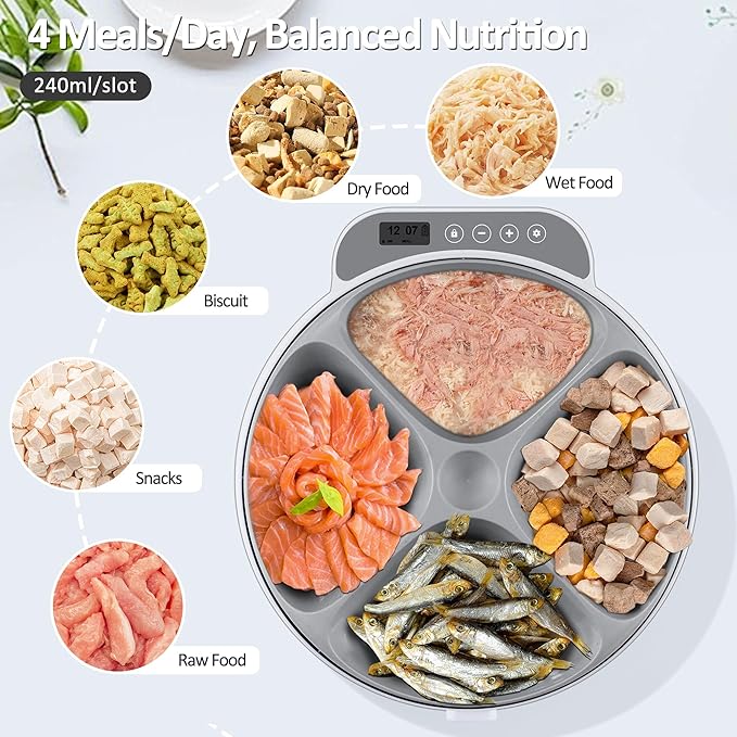 Automatic Cat Feeder Wet Food, Battery Operated Auto Wet/Dry Food Feeder with 2 Ice Packs, Cordless Programmable Timer Pet Auto Dispenser for Cat and Small & Medium Dog (4-Meals & Battery Included)-PawvioPets