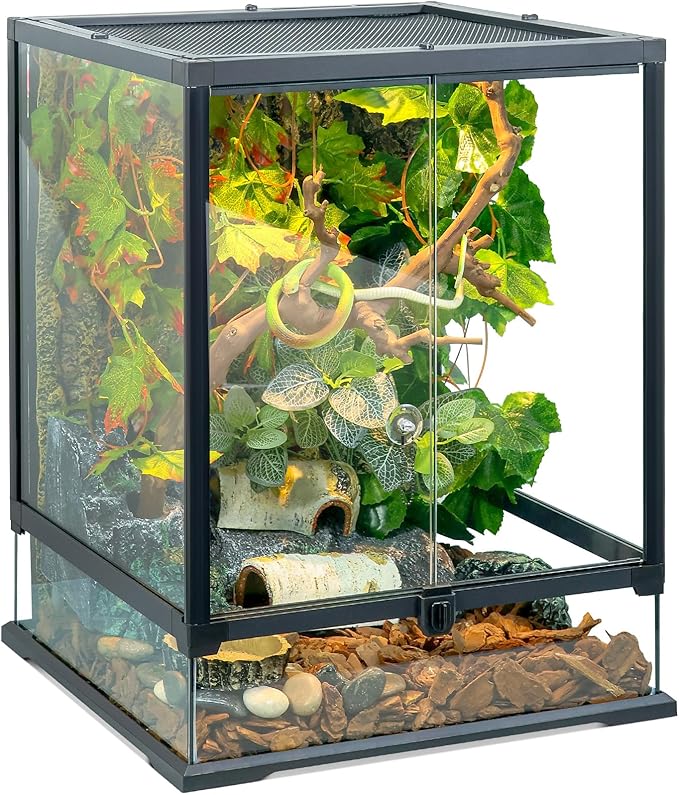 Glass Reptile Tank Front Opening Terrarium Suitable for Leopard Geckos, Snakes, Tree Frogs, Chameleons,Watertight Base, Ventilated Metal Mesh Top, Pre-Drilled Cable Holes 23.9x18x18''-PawvioPets