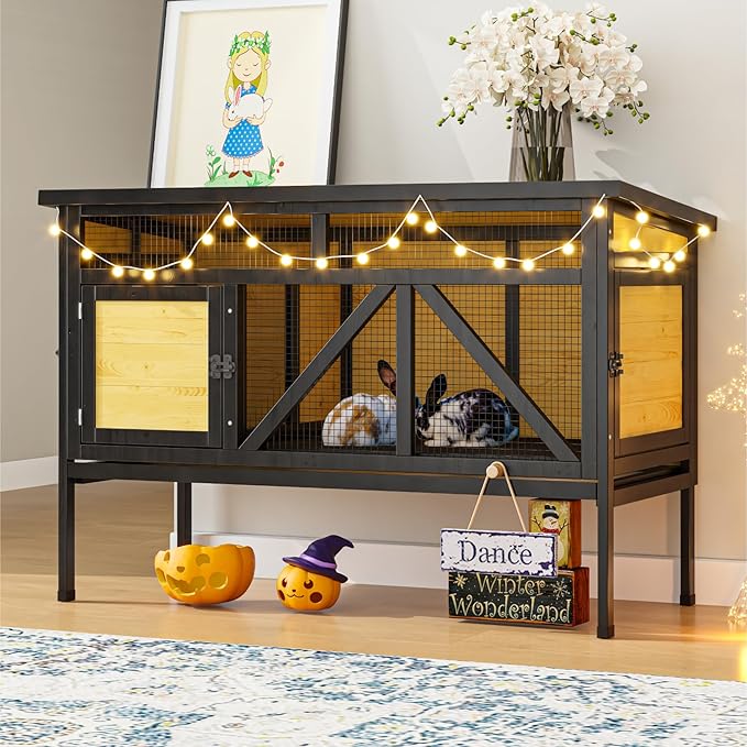 46.7" Rabbit Cage Elevated Bunny Cage Indoor, Outdoor Rabbit Hutch Hamster Cages for Small Animals, Wooden Guinea Pig Cages with Removable Tray & Waterproof Asphalt Roof & Bottom Wire Mesh-PawvioPets