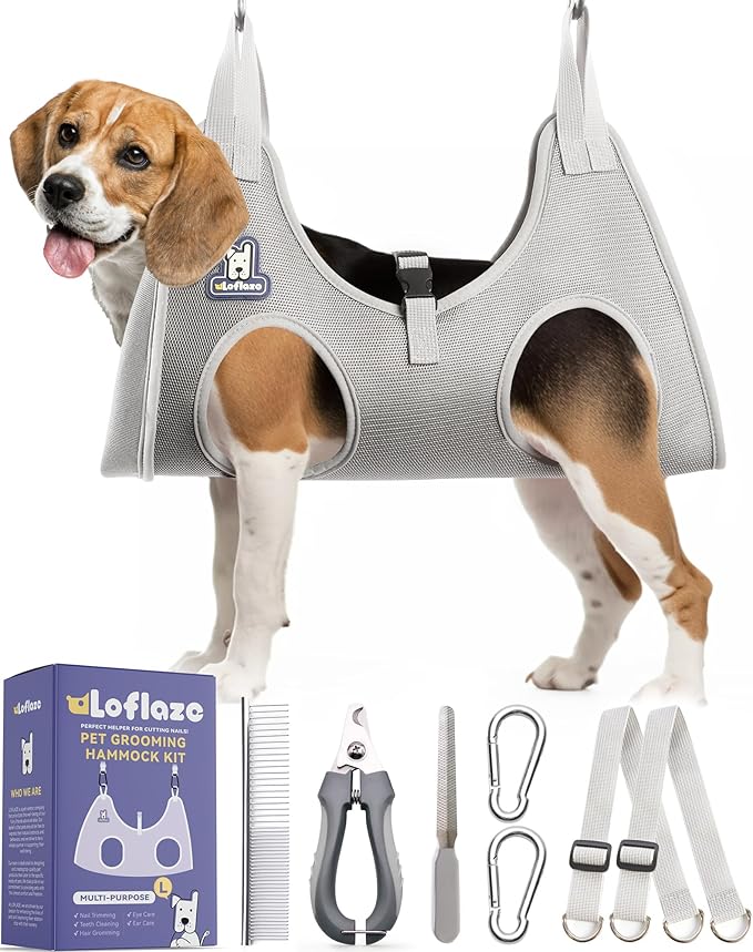 Dog Grooming Hammock Harness for Dogs & Cats with Pet Nail Clipper Trimmer - Cat Hanger Sling for Trimming Clipping Nails- Dog Hammock Restraint Bag for Small Medium Large pet （ Grey L ）-PawvioPets