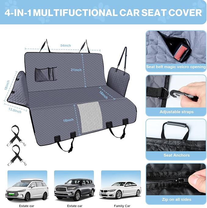 Dog Car Seat Cover for Back Seat, Waterproof Protector with Side Flaps, Scratchproof Hammock, Non-Slip Bottom for Cars/Trucks/SUVs (Grey02)-PawvioPets