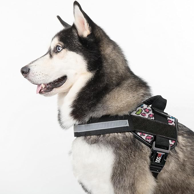 Dogline Dog Harness, Reflective No-Pull Adjustable Vest with Handle for Walking, Training, Breathable, No - Choke Harness for Small, Medium or Large Dogs Room for Patches Leopard Rainbow M 22"-28"-PawvioPets