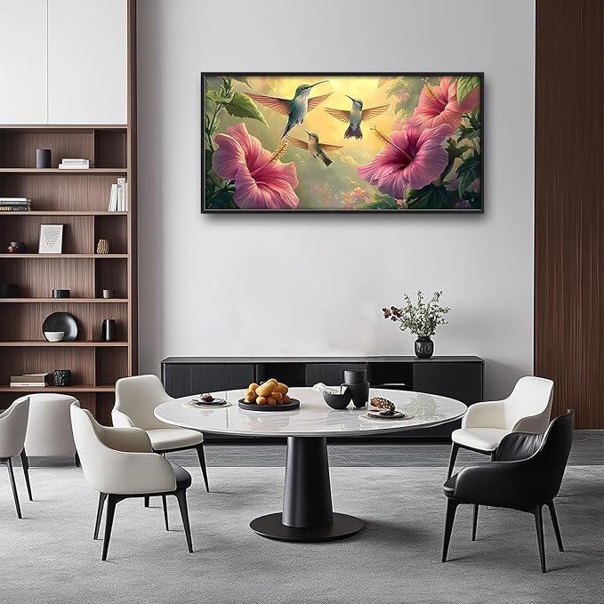 Framed Large Hummingbird Wall Art for Living Room, Oversized Rustic Bird Flower Wall Decor Floral Canvas Painting Nature Sunrise Pictures Modern Artwork for Bedroom Office Dinging Room 60"x30"-PawvioPets