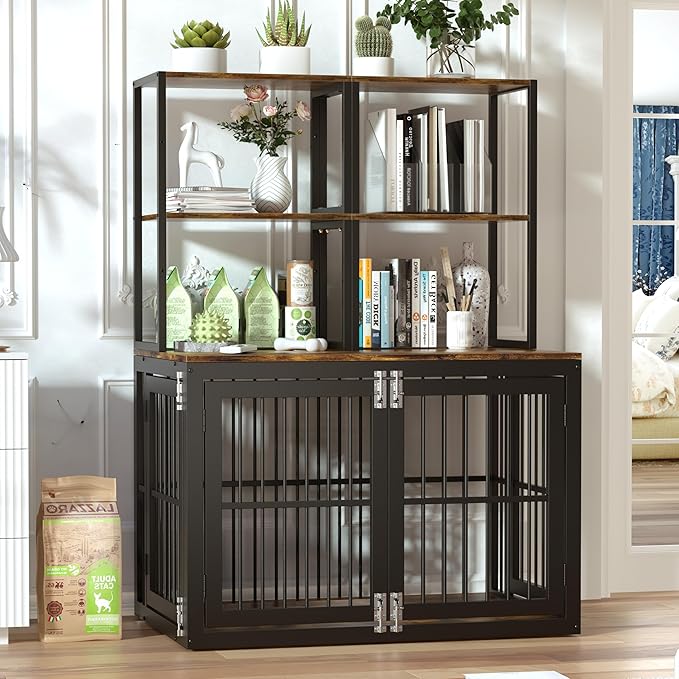 Dociote Heavy Duty Dog Crate Furniture with Storage Shelves，Large Dog Kennel Indoor End Table 39 Inch,Brown-PawvioPets