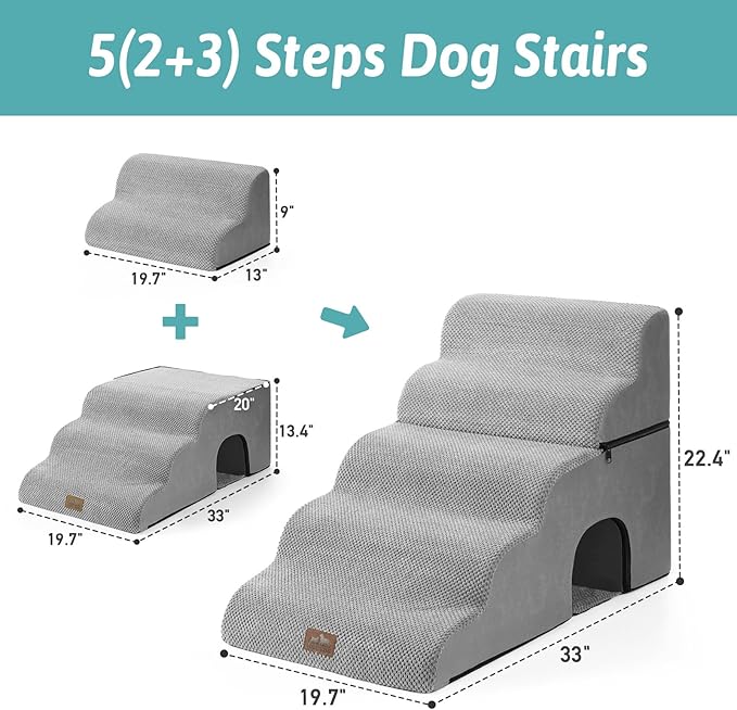 Extra Wide Dog Stairs with Tunnel, Detachable Large Pet Step for Small Medium Dog, Puppy or Cat, Ramp for High Bed, Couch, Sofa or Car, Stable, 19.7x33x22.4 inch, 5 Step, Grey-PawvioPets