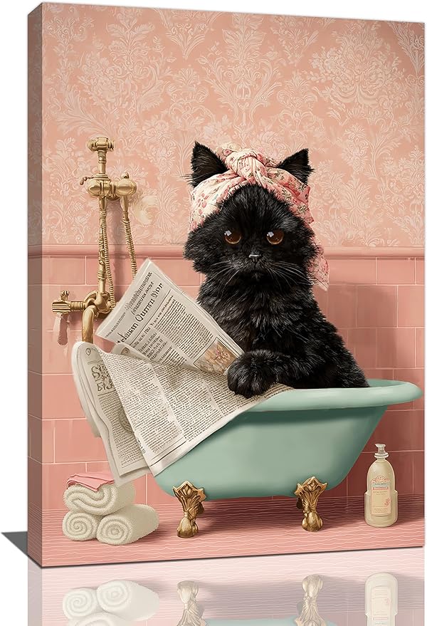 Cat Bathroom Wall Decor Black Cat Reading Newspaper in Bathtub Canvas Wall Art Funny Bathroom Pictures Kitten Painting Print Pink Artwork Framed Decorations Gifts 16"x24"-PawvioPets