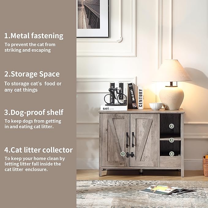 31.9'' Small Cat Litter Enclosure,Adjustable Shelf for Dog Proof and Storage,Locks Added for cat,Cat Litter Collector,Small Indoor Cat House,Grey-PawvioPets