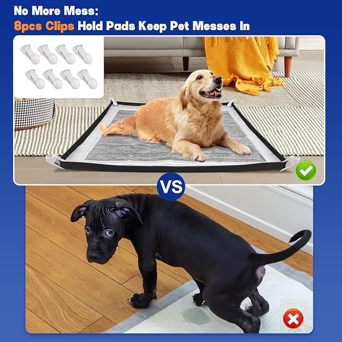Dog Pee Pad Holder, Puppy Pad Holder Tray for 24'' x 24'' Training Pads, 15pcs Dog Potty Tray Set Include High Edge Silicone Mat & 6 Activated Charcoal Disposable Puppy Pads & 8 Holder Clamps-PawvioPets